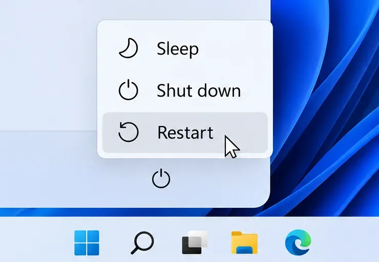 Illustration de l'interface : le menu d'alimentation Windows met en évidence l'option Redémarrer pour un redémarrage unique de l'appareil avant de tester à nouveau la connexion.