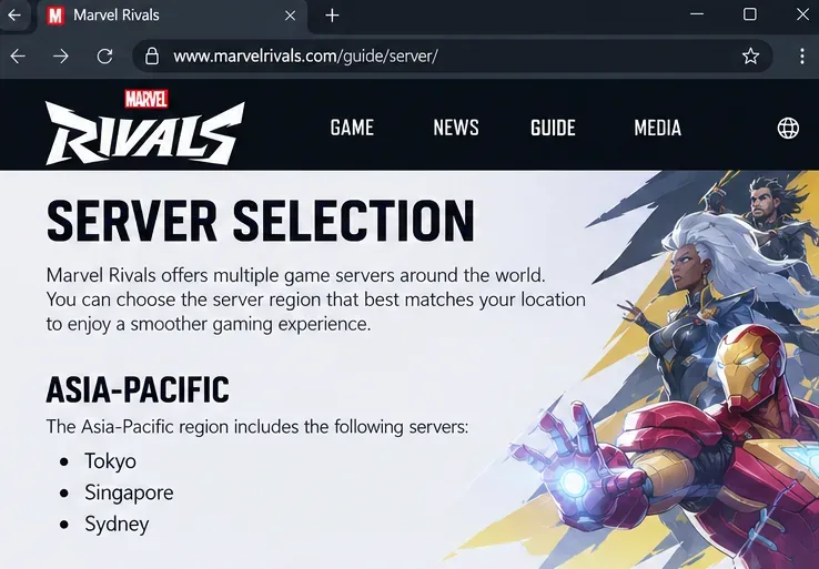 Illustration de l'interface : le guide de sélection des serveurs de Marvel Rivals répertorie Tokyo, Singapour et Sydney dans la section Asie-Pacifique pour comparer les régions disponibles.