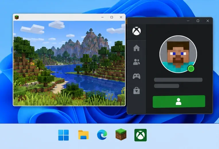 Windows-desktopillustratie met Minecraft en een Xbox-achtige app die hetzelfde spelersprofiel weergeven.
