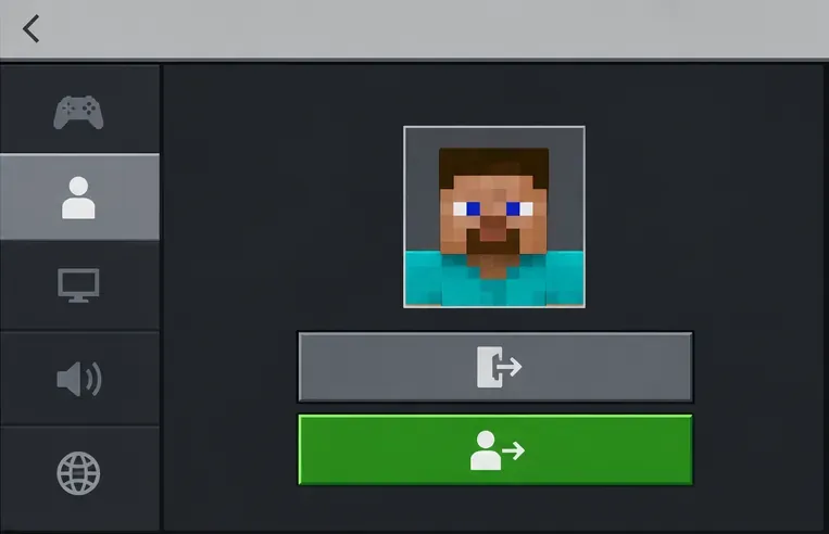 Illustratie van de Minecraft-accountinstellingen met een spelersprofiel boven de knoppen voor uitloggen en inloggen.