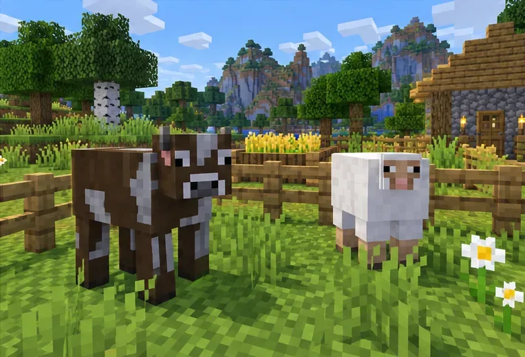 Een koe en een schaap staan ​​in een omheinde, grasrijke Minecraft-wereld naast een dorp.