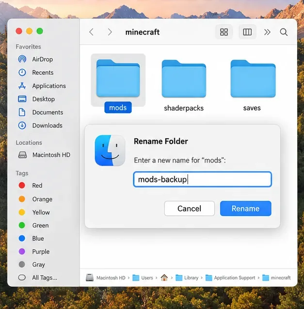Finder rename dialog changing the Minecraft mods folder to mods-backup while preserving the files