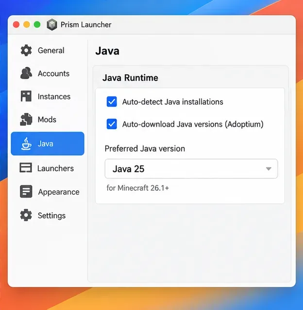 Prism Launcher Java settings with automatic runtime detection and Java 25 selected for Minecraft 26.1 and later