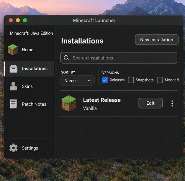 Minecraft Launcher Installations screen showing a vanilla Latest Release profile and its Edit control