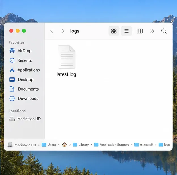 Finder open to the Minecraft logs folder with latest.log visible
