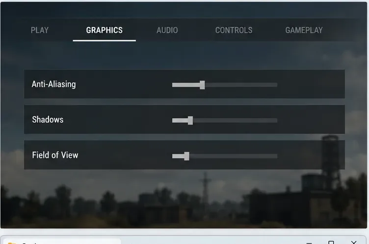 Menu ilustrativo de gráficos de jogos com os controles de Anti-Aliasing, Sombras e Campo de Visão configurados em níveis mais baixos.