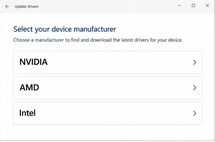 Opções de atualização de drivers para hardware gráfico NVIDIA, AMD e Intel.