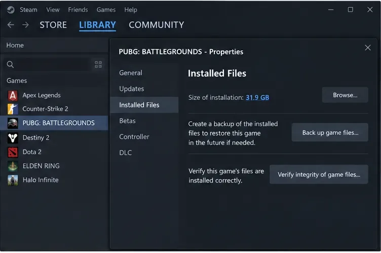 A aba "Arquivos Instalados" do Steam exibe o botão "Verificar integridade dos arquivos do jogo" para PUBG: BATTLEGROUNDS.