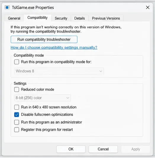Na guia Compatibilidade das Propriedades do Windows para TslGame.exe, a opção Desativar otimizações de tela inteira está marcada.