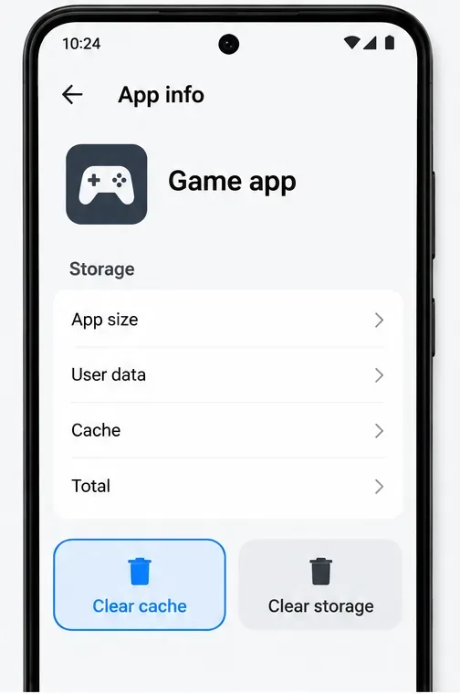 Un ecran generic de stocare a aplicațiilor Android cu opțiunea Ștergere memorie cache evidențiată și opțiunea Ștergere memorie neatinsă.
