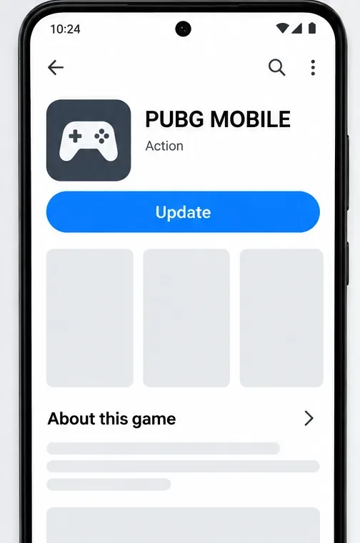 O listă generică în magazinul de aplicații pentru PUBG MOBILE cu un buton de actualizare.