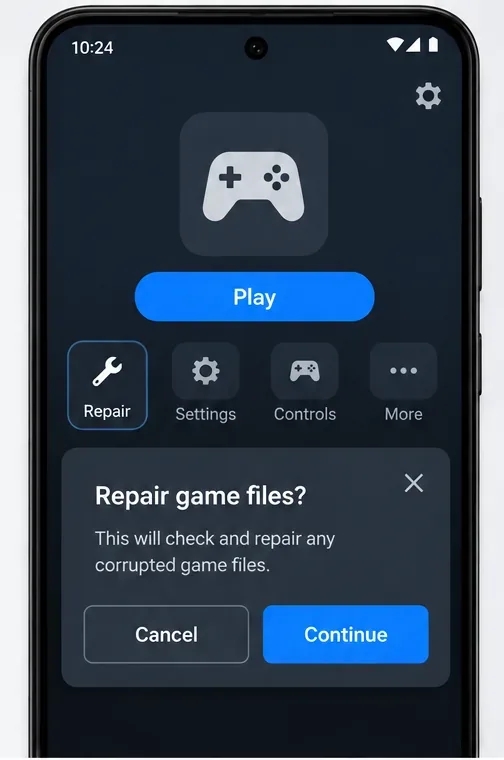 O machetă simplificată pentru lansatorul de jocuri mobile, cu un control opțional de reparare și o fișă de confirmare pentru repararea fișierelor de joc.