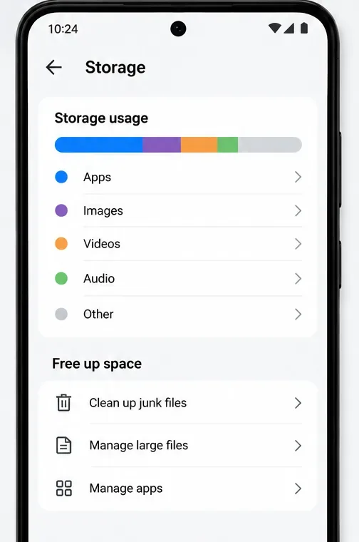 Un ecran generic de stocare Android care afișează o bară de utilizare și opțiuni pentru curățarea fișierelor nedorite sau gestionarea fișierelor mari.