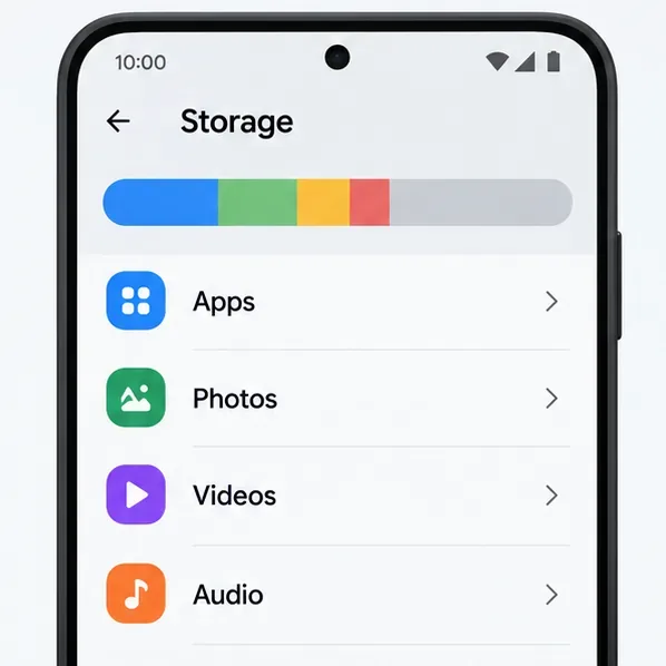 Android Storage overview with a segmented bar and rows for apps, photos, videos, and audio.