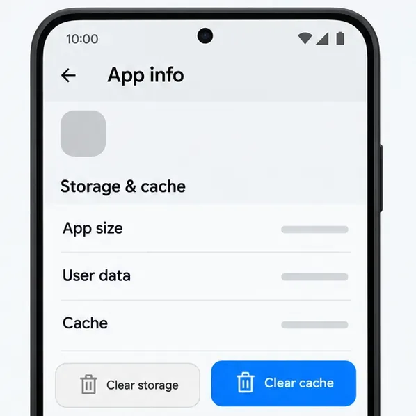 Android app Storage and cache screen with Clear cache highlighted separately from Clear storage.