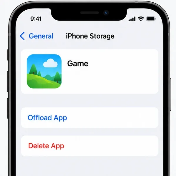 iPhone Storage screen for a game with separate Offload App and Delete App actions.