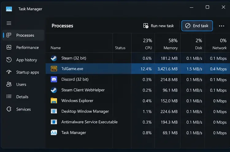 Interface illustration: Task Manager highlights TslGame.exe beside the End task control for closing an unresponsive PUBG instance.
