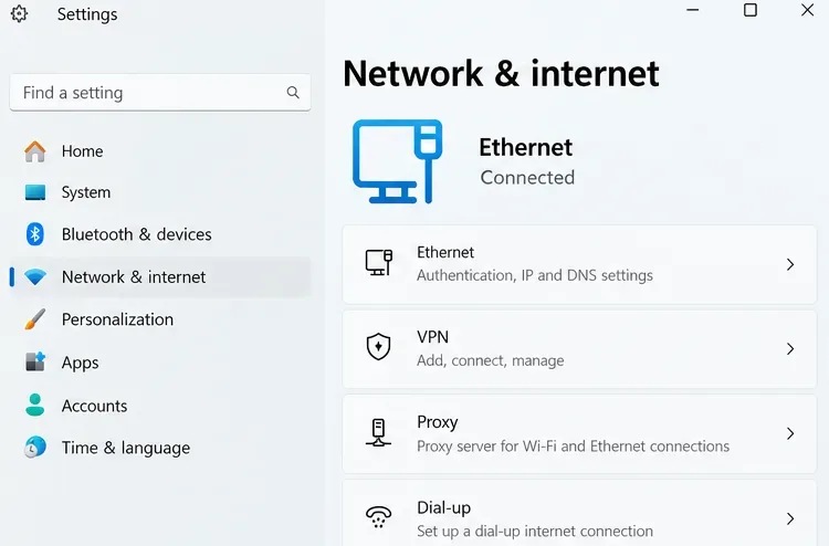 Interface illustration: Windows Network & internet settings show Ethernet as connected, supporting the wired-connection test.