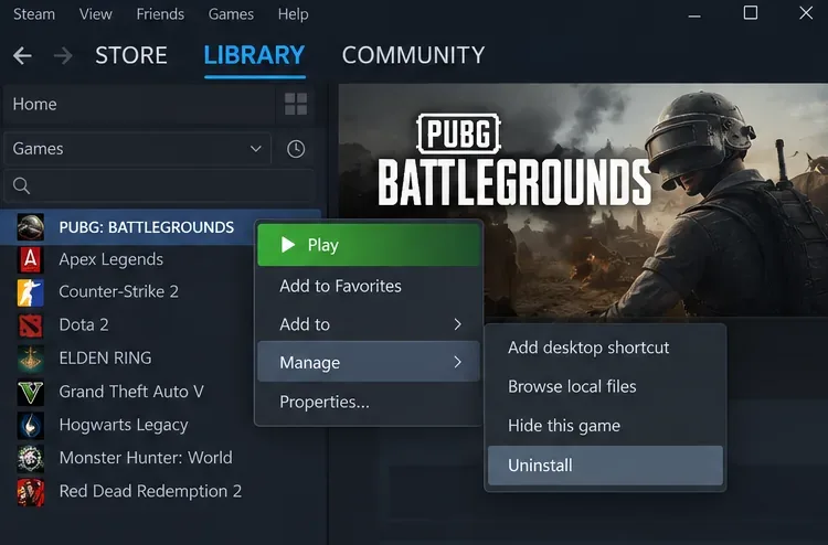 Interface illustration: PUBG’s Steam Library context menu opens Manage and highlights Uninstall for the reinstall step.