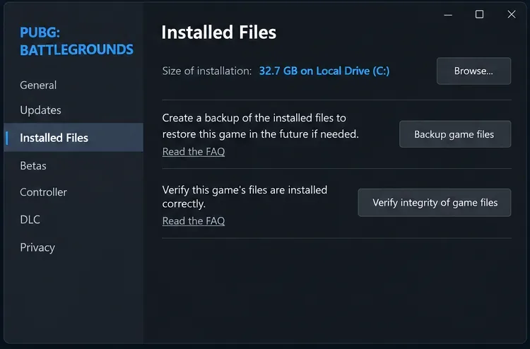 Interface illustration: Steam’s Installed Files page shows the Verify integrity of game files button used to check PUBG’s installation.