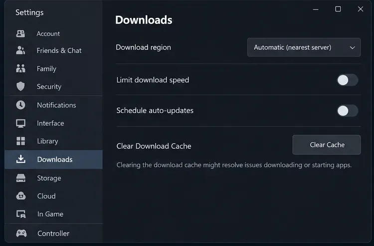 Interface illustration: Steam’s Downloads settings show the Clear Download Cache row and Clear Cache button for download troubleshooting.