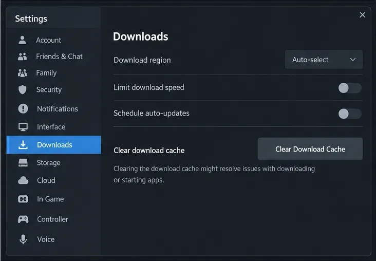 Het Steam-instellingenscherm met 'Downloads' geselecteerd en de knop 'Downloadcache wissen' zichtbaar.