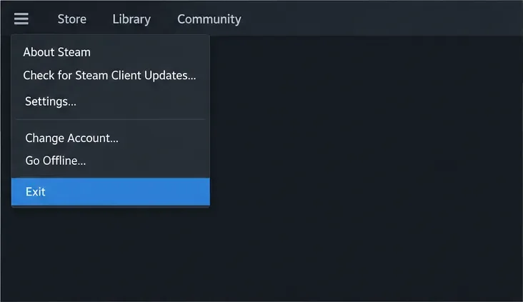 Het Steam-clientmenu met de optie 'Afsluiten' gemarkeerd, toont de opdracht om Steam volledig af te sluiten.