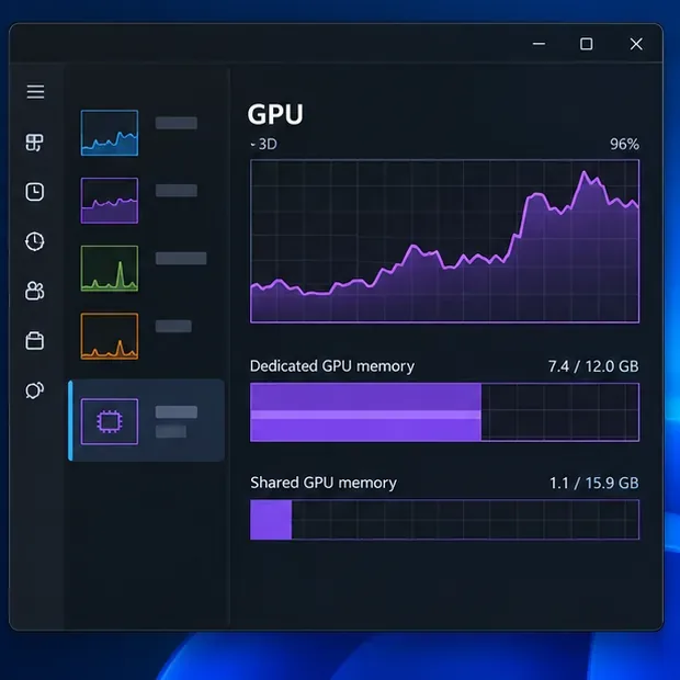 Painel de desempenho da GPU no estilo do Gerenciador de Tarefas, com gráfico de utilização e barras de memória dedicada e compartilhada.