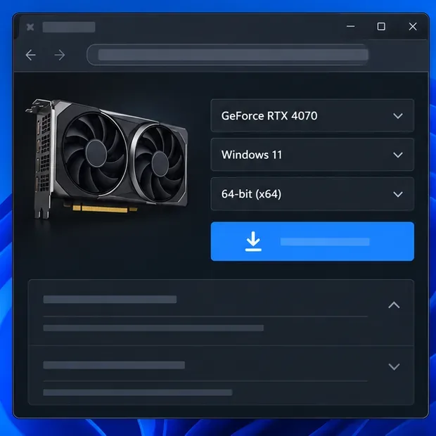 Seletor ilustrativo de drivers gráficos mostrando um exemplo com uma GeForce RTX 4070 e o Windows 11 como sistema operacional selecionado.