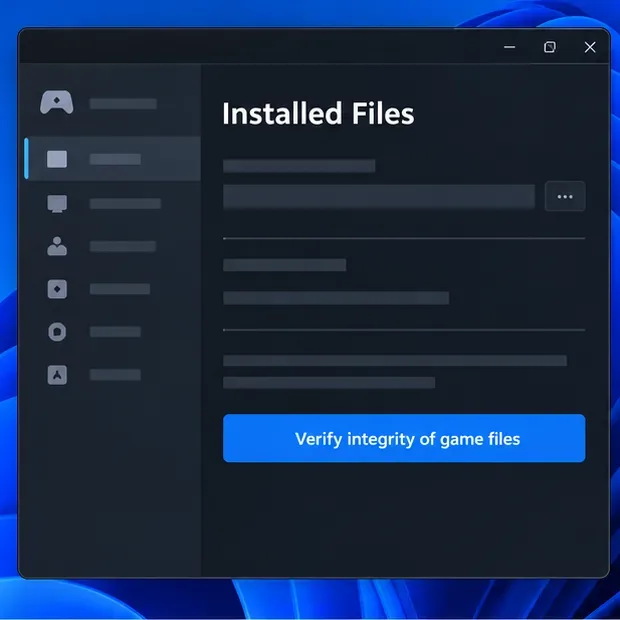 Painel ilustrativo de Arquivos Instalados no estilo Steam com uma ação em destaque para Verificar a integridade dos arquivos do jogo.