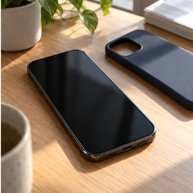 De telefoon is losgekoppeld en het hoesje ligt opzij op een bureau, terwijl het scherm uitgeschakeld is.