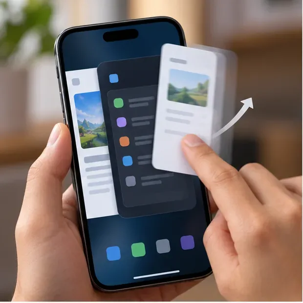Illustratief telefoonscherm met een generieke schakelaar voor recent gebruikte apps, terwijl een hand ongebruikte app-kaarten wegveegt.