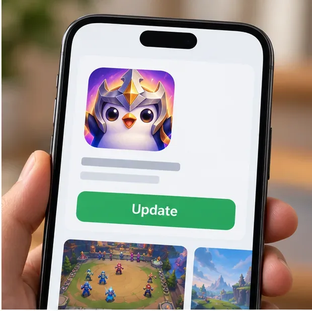 Illustratieve vermelding in een appwinkel voor mobiele games met een duidelijke 'Update'-knop boven een preview van een strategiespel.