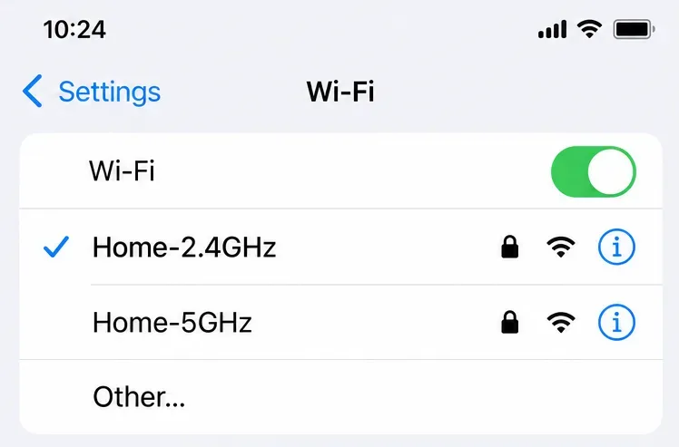 การตั้งค่า Wi-Fi ของ iPhone แสดงตัวอย่างเครือข่าย Home-2.4GHz และ Home-5GHz