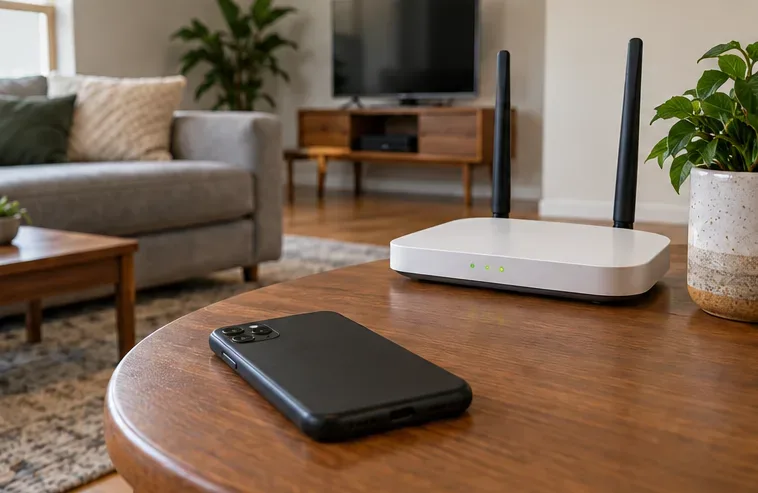 สมาร์ทโฟนวางอยู่บนโต๊ะข้างเราเตอร์ Wi-Fi ในห้องนั่งเล่น