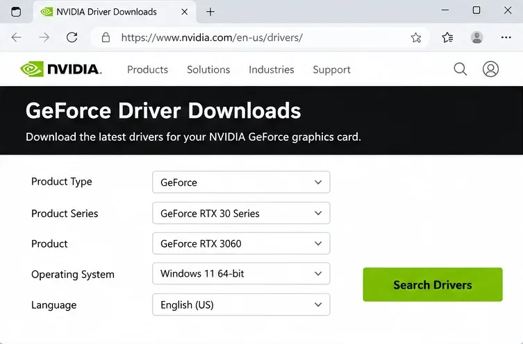 De officiële NVIDIA-pagina voor het zoeken naar drivers, met selectievelden voor productfamilie, model en Windows-versie.