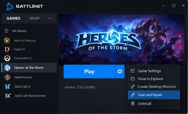 De Battle.net Heroes of the Storm-spelpagina met het optiemenu geopend en 'Scannen en repareren' geselecteerd.