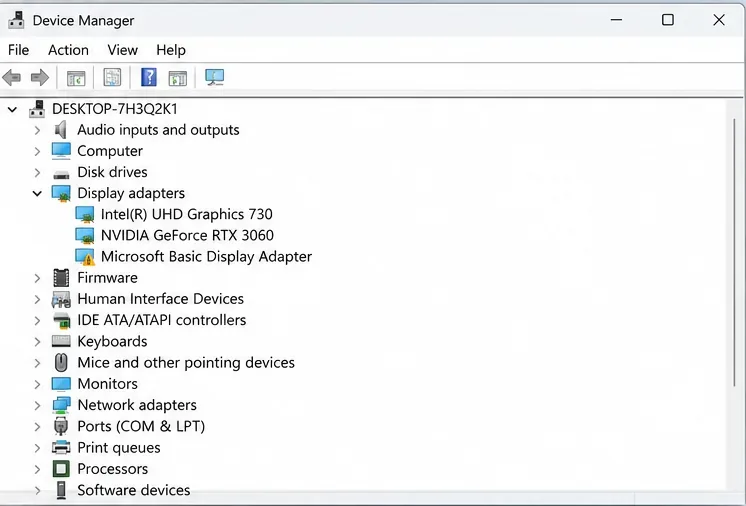 Het venster Apparaatbeheer van Windows toont de uitgevouwen categorie Beeldschermadapters en de vermeldingen voor grafische apparaten.