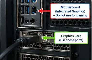 De aansluitingen aan de achterkant van de desktopcomputer, met de video-uitgang van het moederbord hierboven aangegeven en de speciale monitoraansluiting van de grafische kaart hieronder, bevinden zich hieronder.