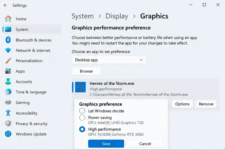 In de grafische instellingen van Windows wordt Heroes of the Storm weergegeven als een desktop-app met de voorkeur voor hoge GPU-prestaties geselecteerd.