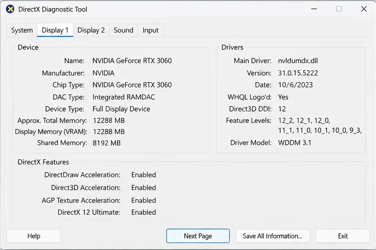 Het tabblad 'Weergave' van de DirectX-diagnosetool bevat velden voor de naam van de grafische adapter, de versie van het beeldschermstuurprogramma en de datum van het stuurprogramma.