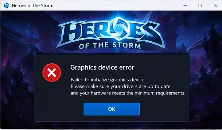 Het opstartvenster van Heroes of the Storm toont een voorbeeld van een foutmelding bij de initialisatie van een grafisch apparaat.