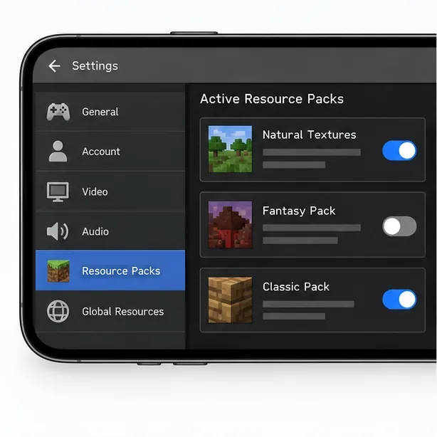 Minecraft Bedrock resource pack settings with one active pack switched off for troubleshooting