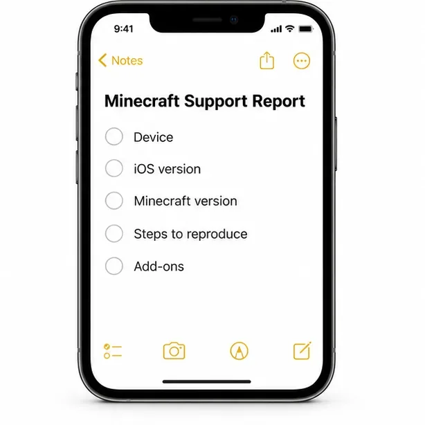 Notes checklist for a Minecraft Support report with device, iOS version, Minecraft version, reproduction steps, and add-ons