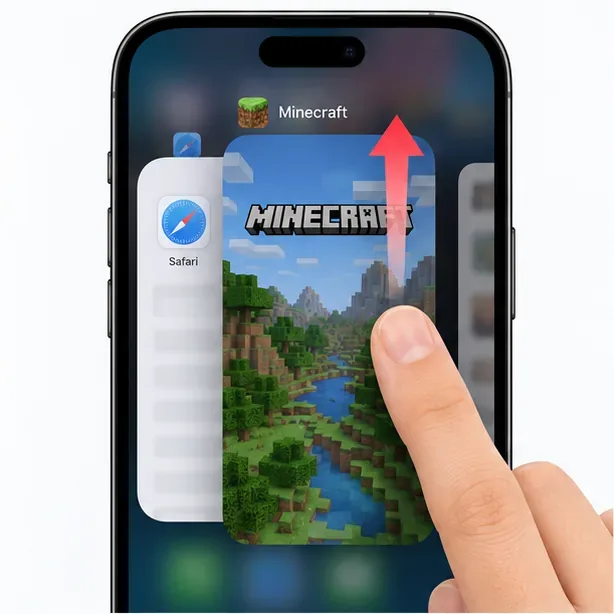 iPhone app switcher with the Minecraft game card being swiped up to close it