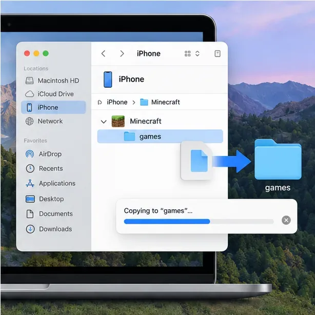 Mac Finder file-sharing view showing the Minecraft games folder copied from an iPhone to a backup folder