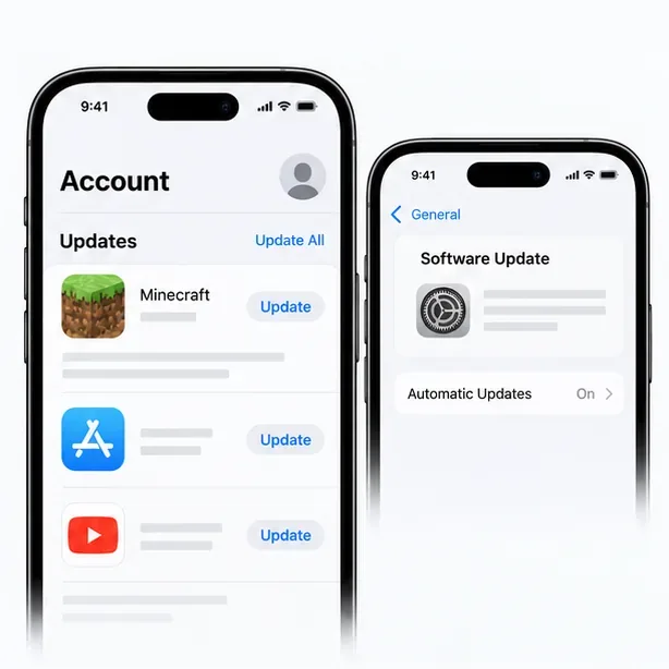App Store updates list showing Minecraft beside an Update button and a separate Software Update screen
