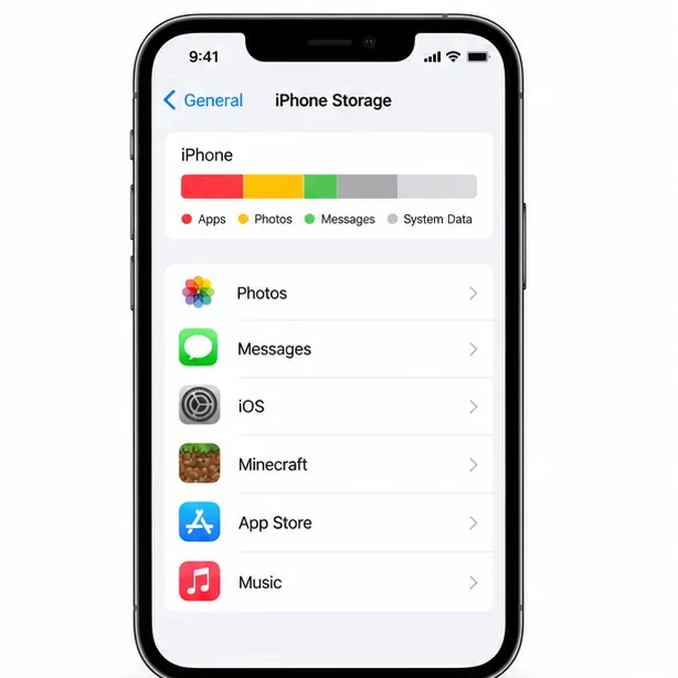 iPhone Storage settings screen with the storage bar and installed apps list
