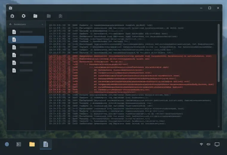 A generic dark log viewer displays rows of technical output with one block of error lines highlighted.