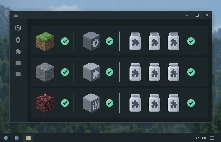 A generic compatibility checklist aligns a block game version, loader icon, and mod package icons in matching rows.